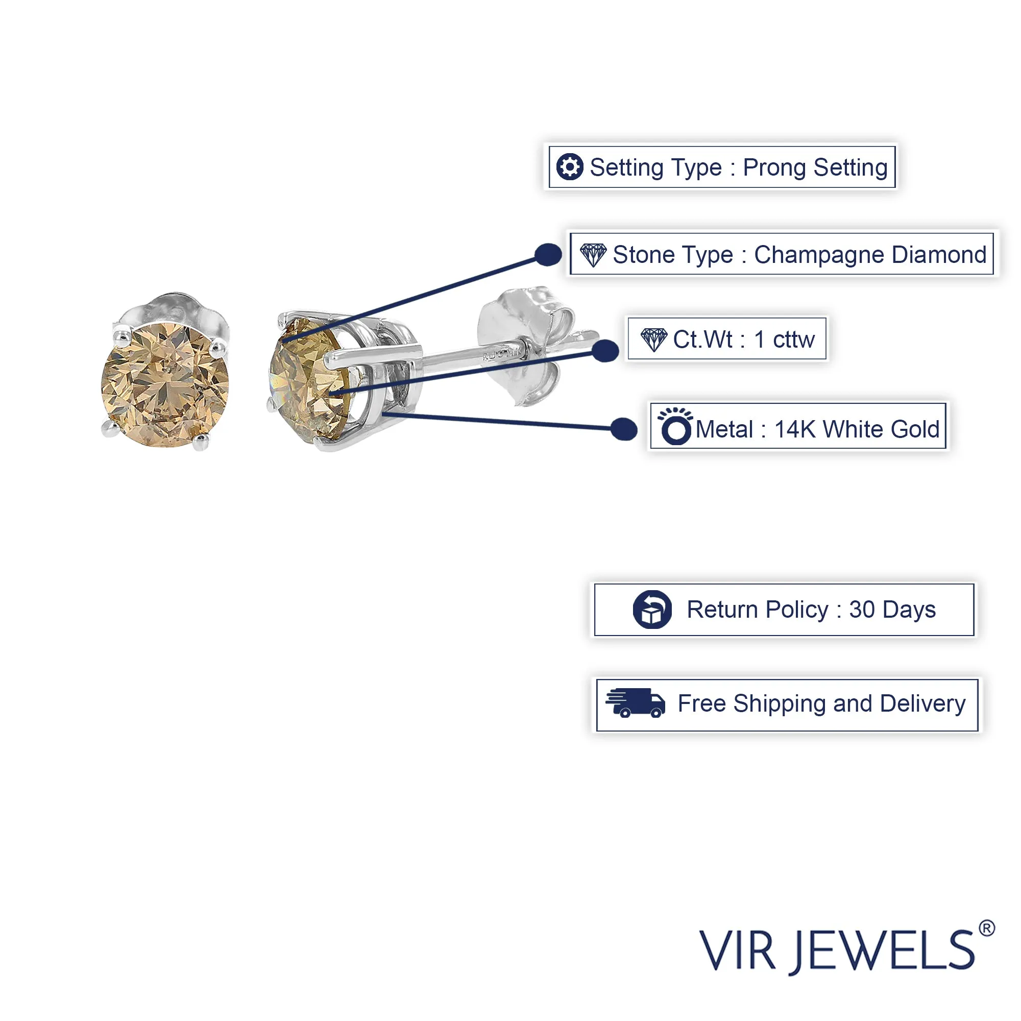 1 cttw Champagne Diamond Stud Earrings 14K White Gold