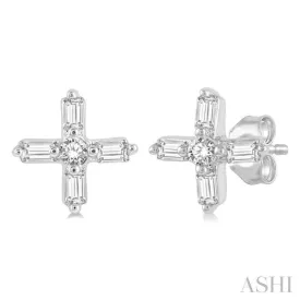 1/10 Ctw Greek Cross Baguette and Round Cut Diamond Petite Earring in 10K White Gold