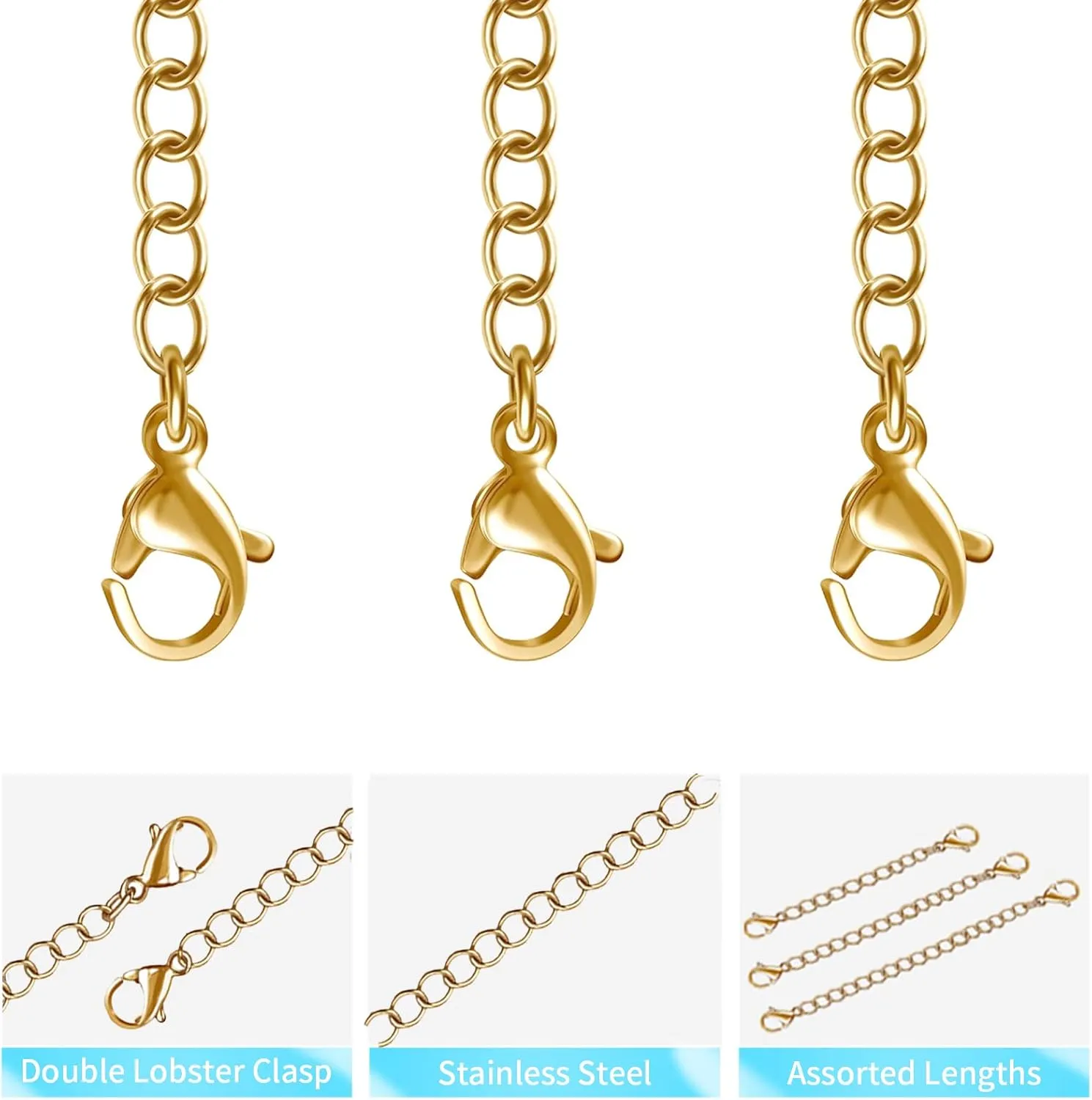 12 PCS Necklace Extenders - Stainless Steel Necklace Extension Chain for Jewelry, Bracelets & Anklets (1"-6" Lengths, Gold)
