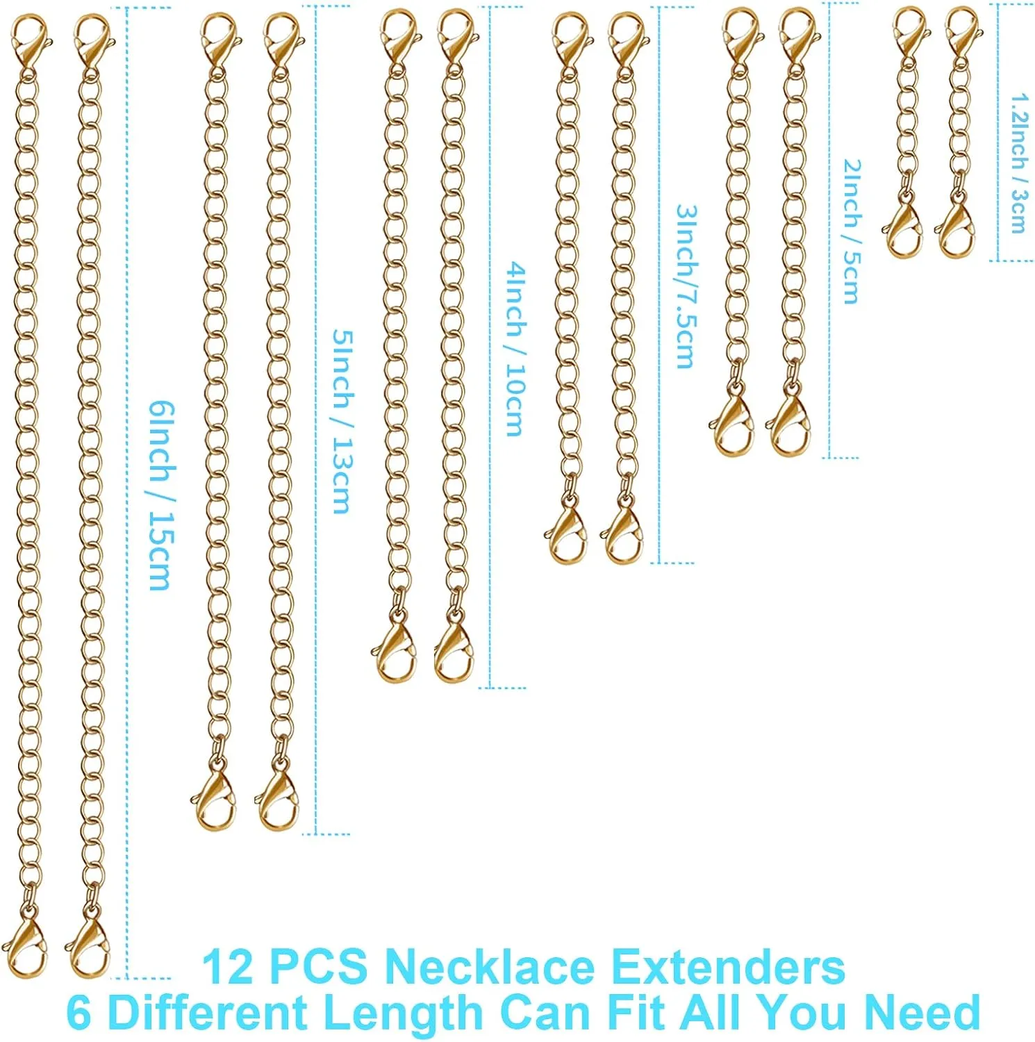 12 PCS Necklace Extenders - Stainless Steel Necklace Extension Chain for Jewelry, Bracelets & Anklets (1"-6" Lengths, Gold)