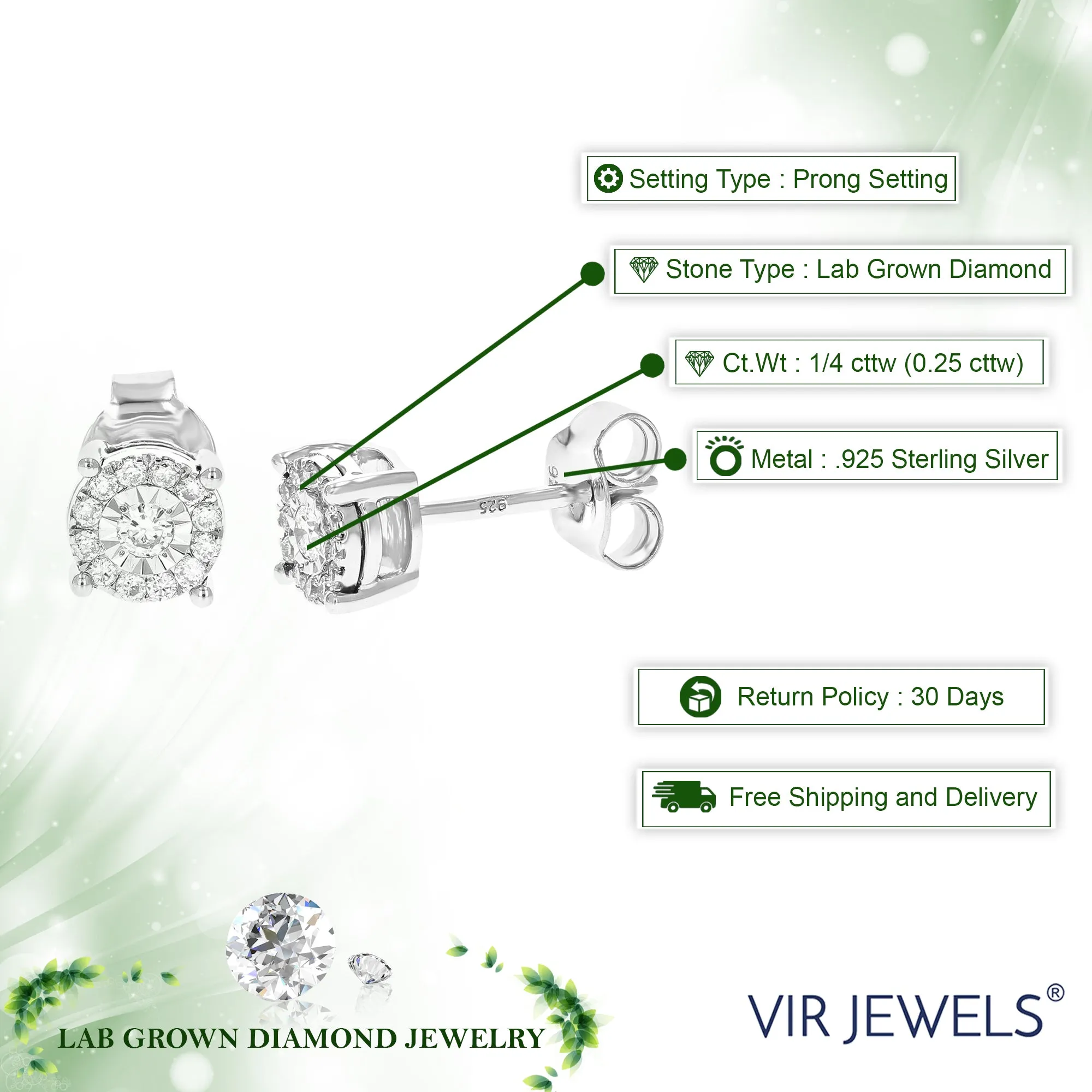 1/4 cttw 26 Stones Round Lab Grown Diamond Studs Earrings .925 Sterling Silver Prong Set 2/5 Inch