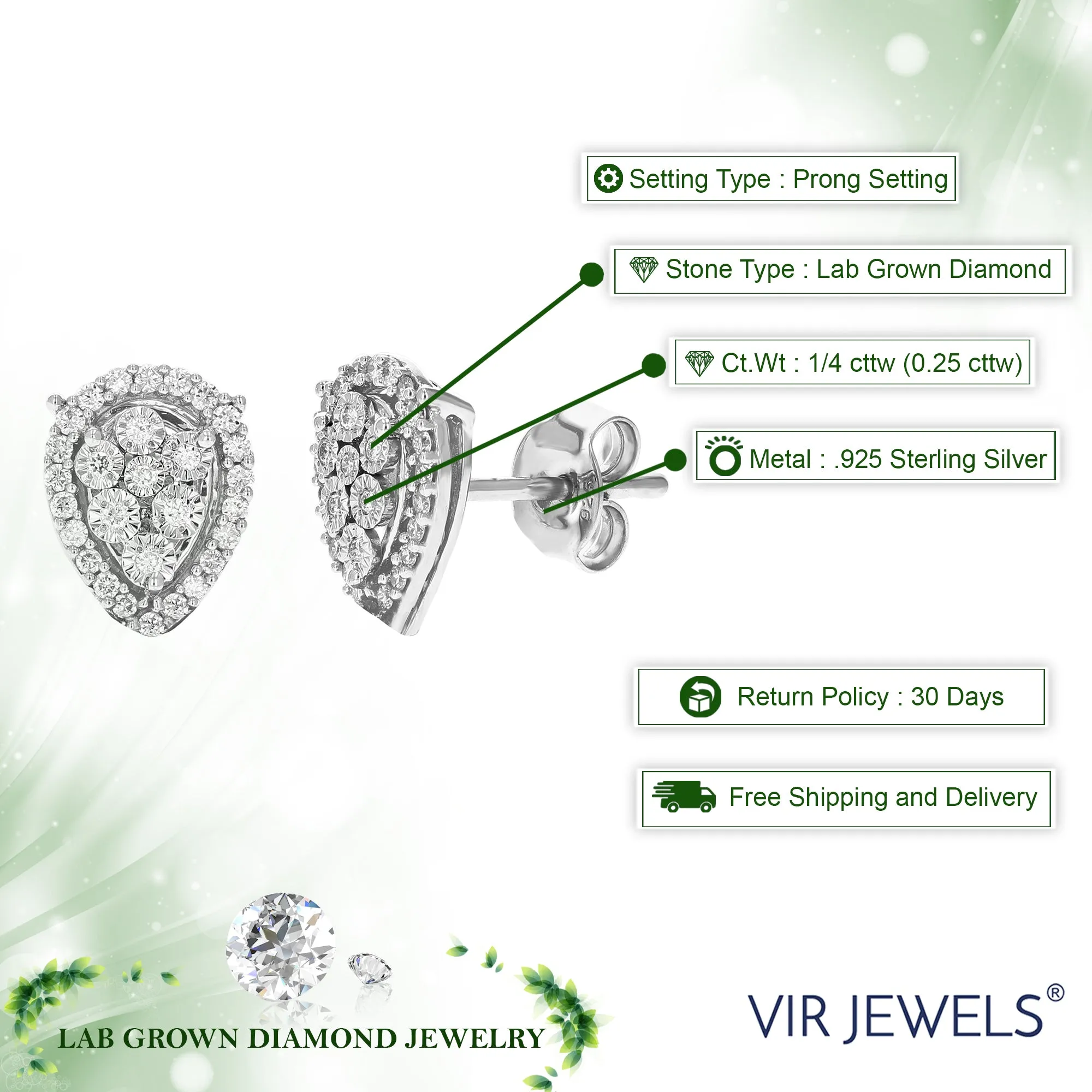 1/4 cttw 58 Stones Round Lab Grown Diamond Studs Earrings .925 Sterling Silver Prong Set Pear Shape