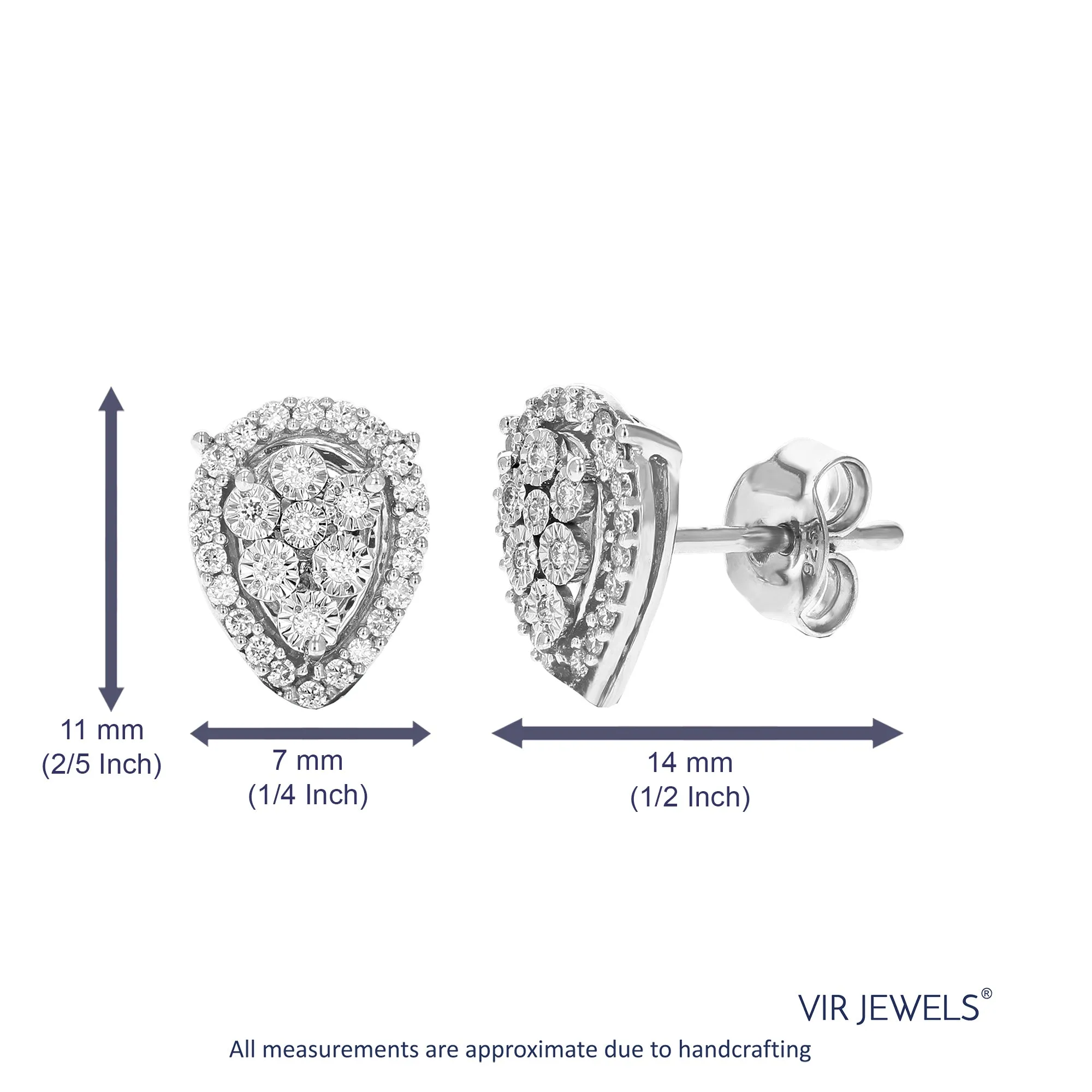 1/4 cttw 58 Stones Round Lab Grown Diamond Studs Earrings .925 Sterling Silver Prong Set Pear Shape