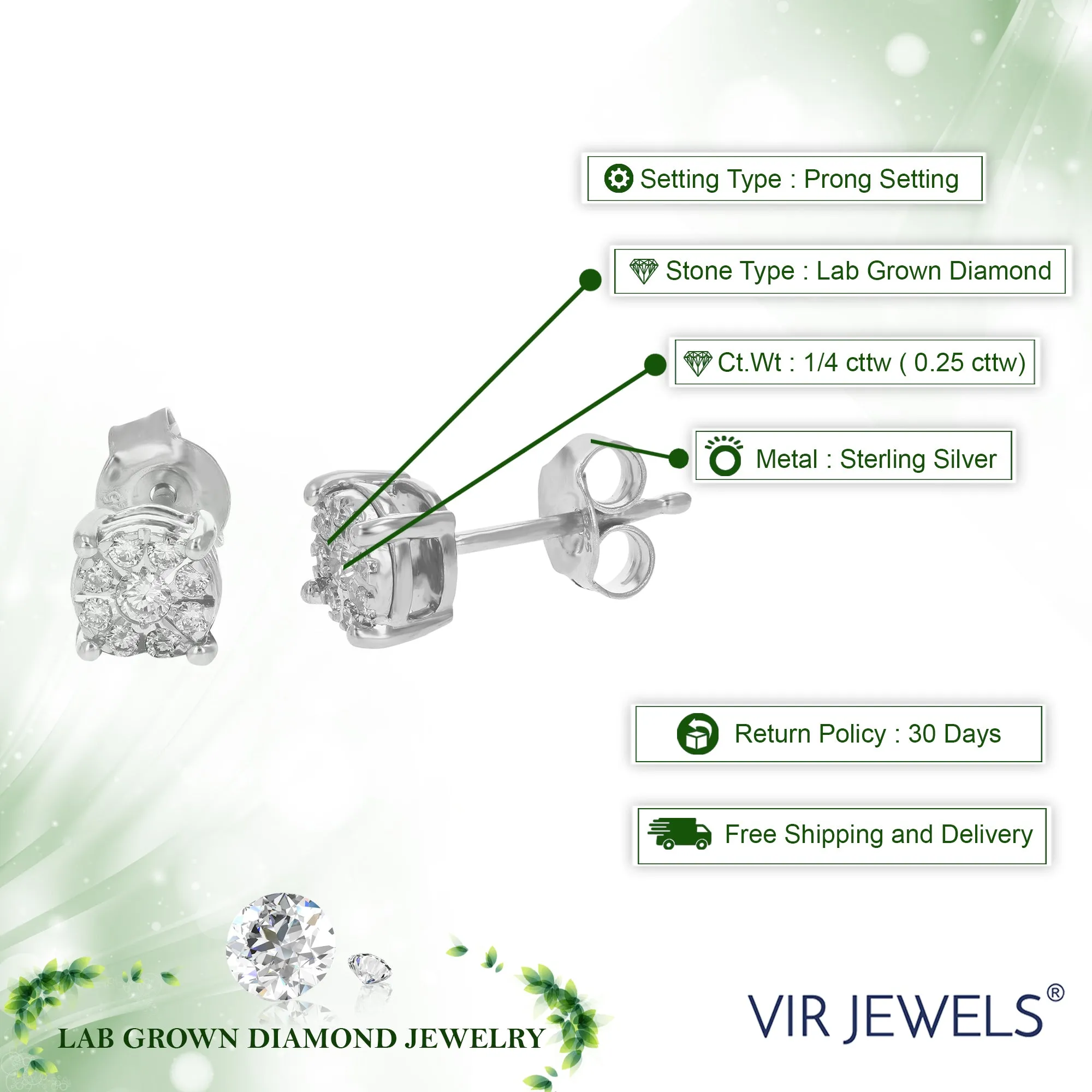 1/4 cttw Round Cut Lab Grown Diamond Stud Earrings For Women .925 Sterling Silver Prong Set