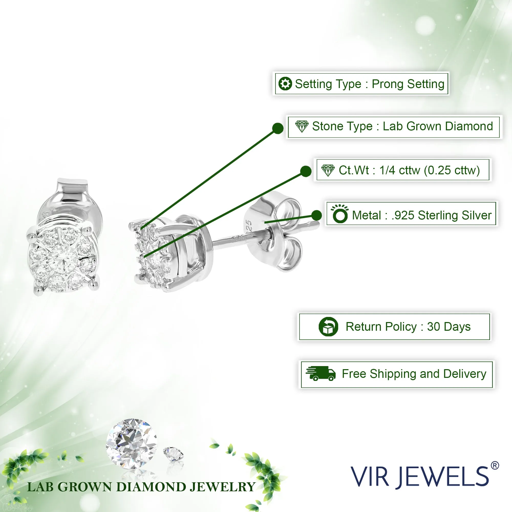1/4 cttw Round Lab Grown Diamond Studs Earrings .925 Sterling Silver Prong Set 1/5 Inch