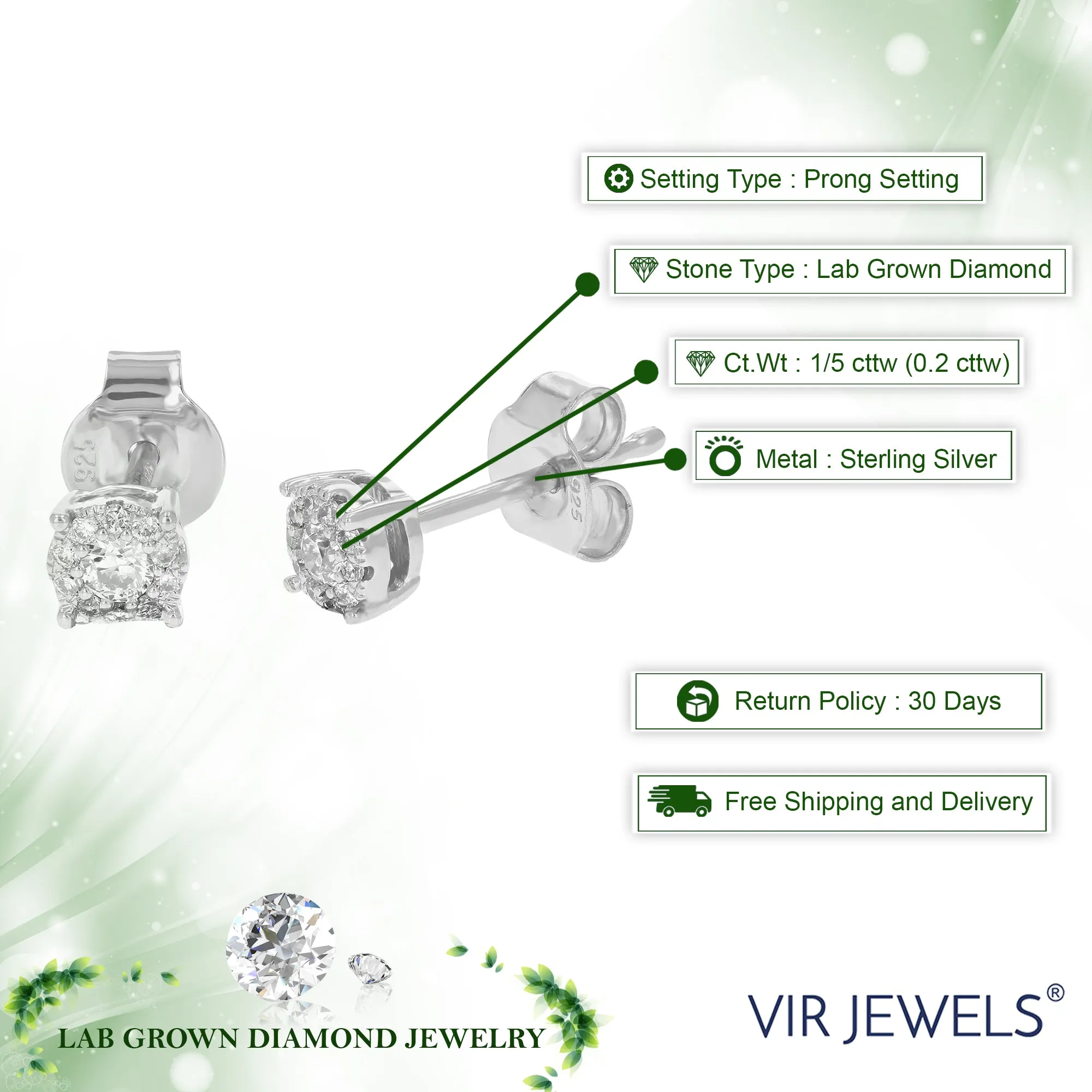 1/5 cttw Stud Earrings Made of Round Lab Grown Diamonds And 925 Sterling Silver Prong Setting