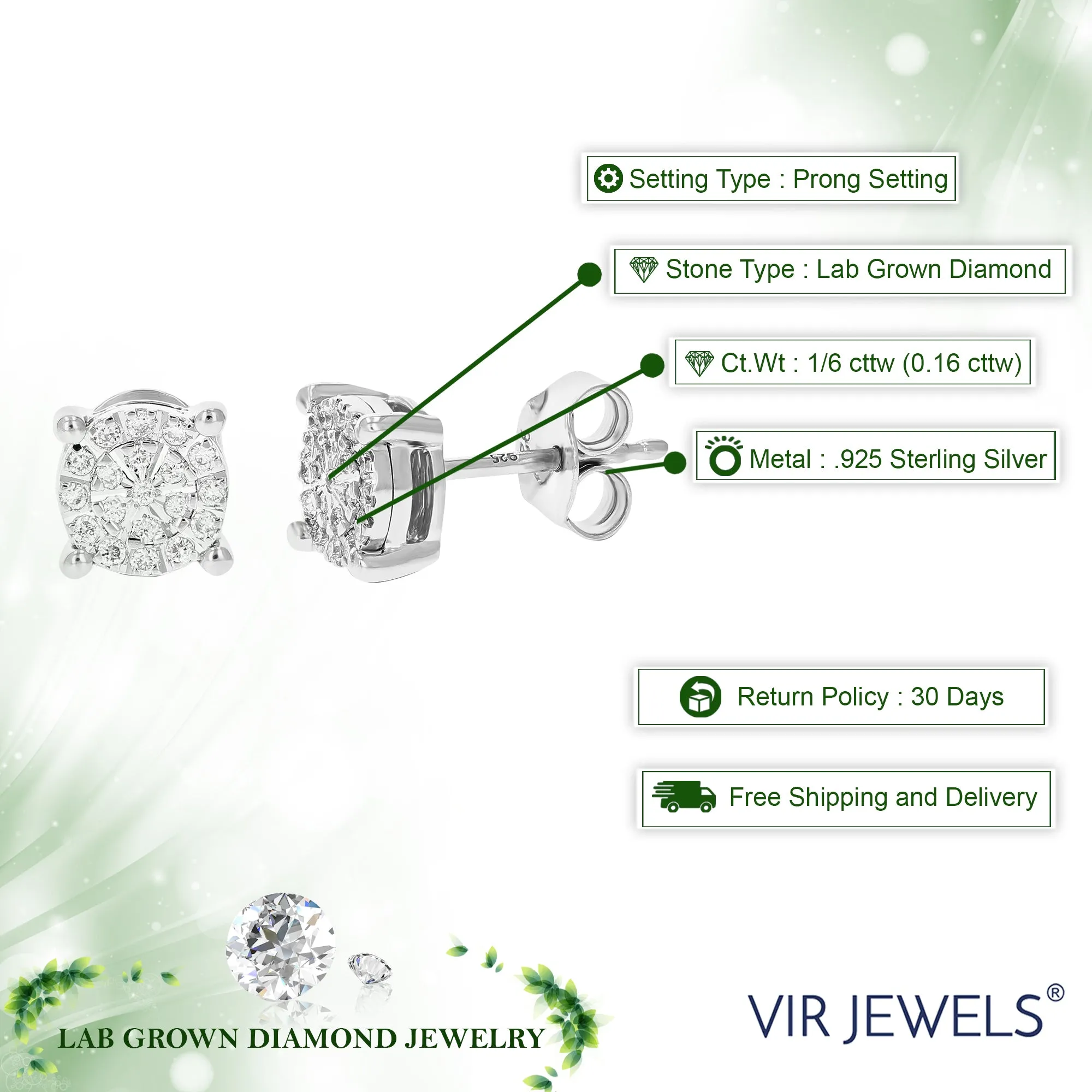 1/6 cttw 38 Stones Round Lab Grown Diamond Studs Earrings .925 Sterling Silver Prong Set Round Shape