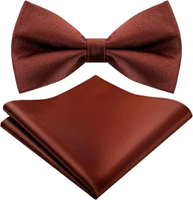 2 Pcs Solid Cinnamon Color Bow Tie and Pocket Square Man's Satin Bow Tie with Suit Handkerchief Pre Tied Style Pocket Square for Wedding Party Dress up