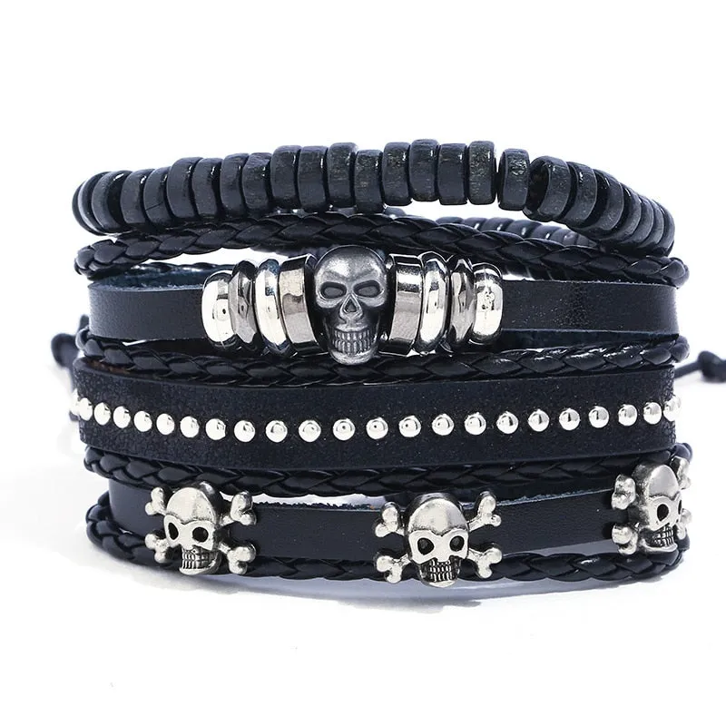 4pcs Skull Charms Beads Men Bracelet Braided Multilayer Leather Bracelet