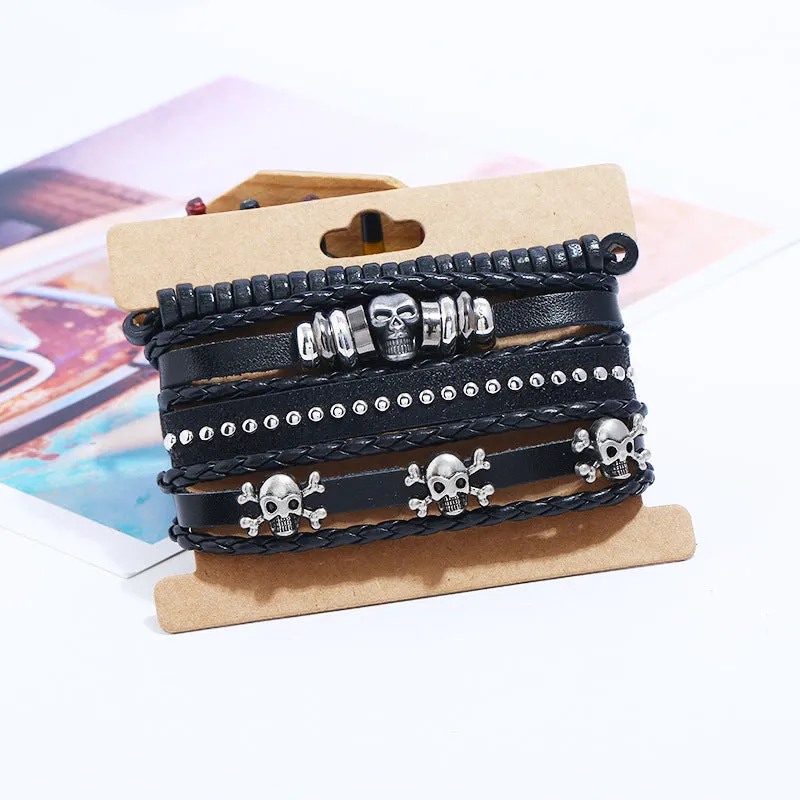 4pcs Skull Charms Beads Men Bracelet Braided Multilayer Leather Bracelet