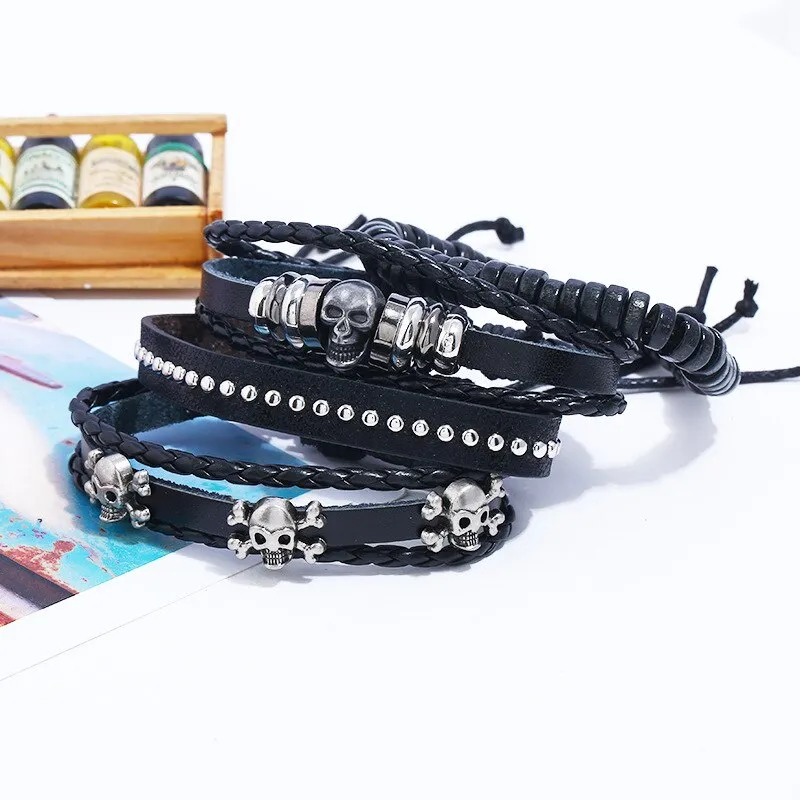 4pcs Skull Charms Beads Men Bracelet Braided Multilayer Leather Bracelet