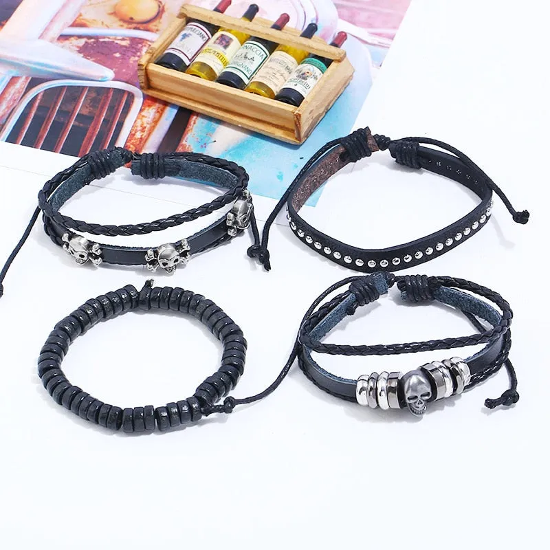 4pcs Skull Charms Beads Men Bracelet Braided Multilayer Leather Bracelet