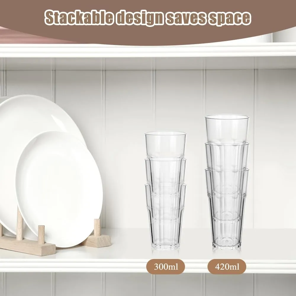 6 Pcs Plastic Tumblers, Unbreakable Water Cups, Reusable Drinking Cup for Kids and Adults, Stackable Acrylic Glasses for Camping Picnic Party Juice Cocktail Whiskey Wine (6pc-clear-300ml/10oz)