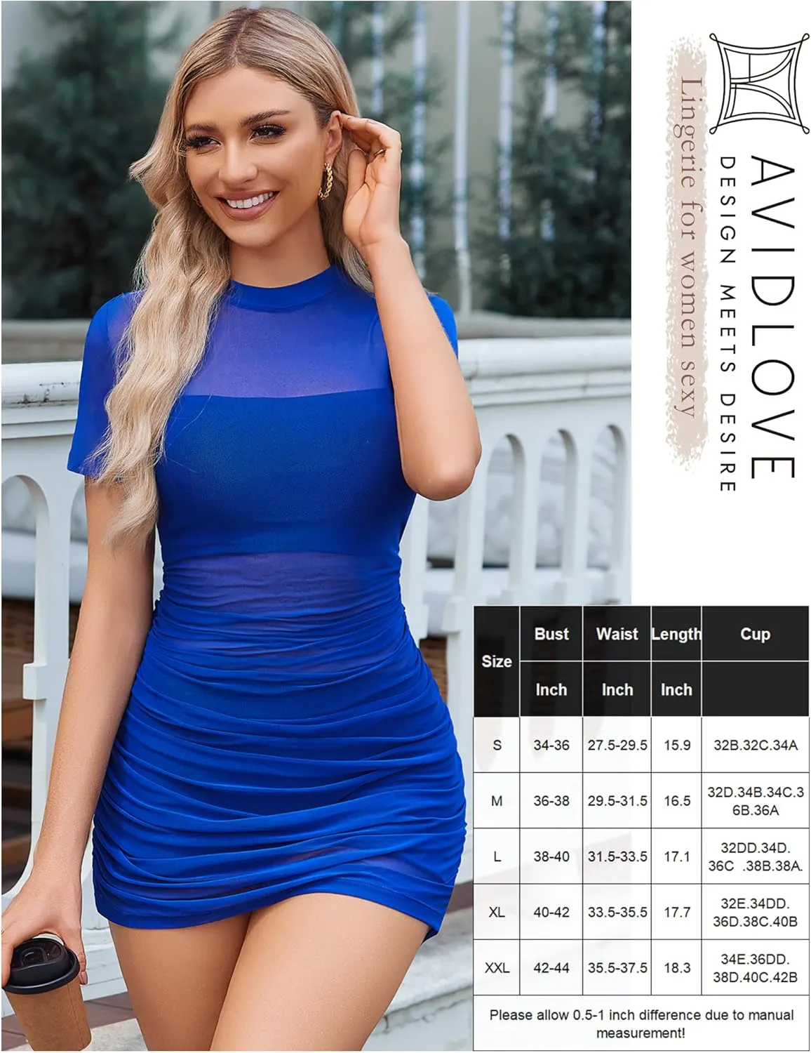 Avidlove Women's Mesh Dress Bodycon Mini Lingerie Dress Sexy Short Sleeve Mock Neck Ruched Party Clubwear Outfits S-XXL