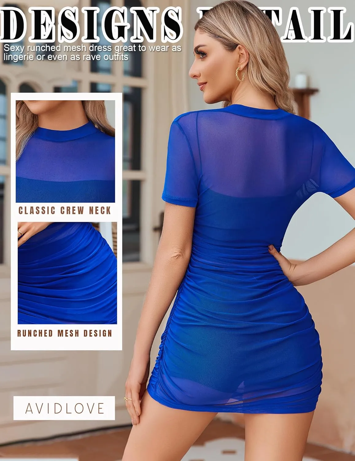 Avidlove Women's Mesh Dress Bodycon Mini Lingerie Dress Sexy Short Sleeve Mock Neck Ruched Party Clubwear Outfits S-XXL