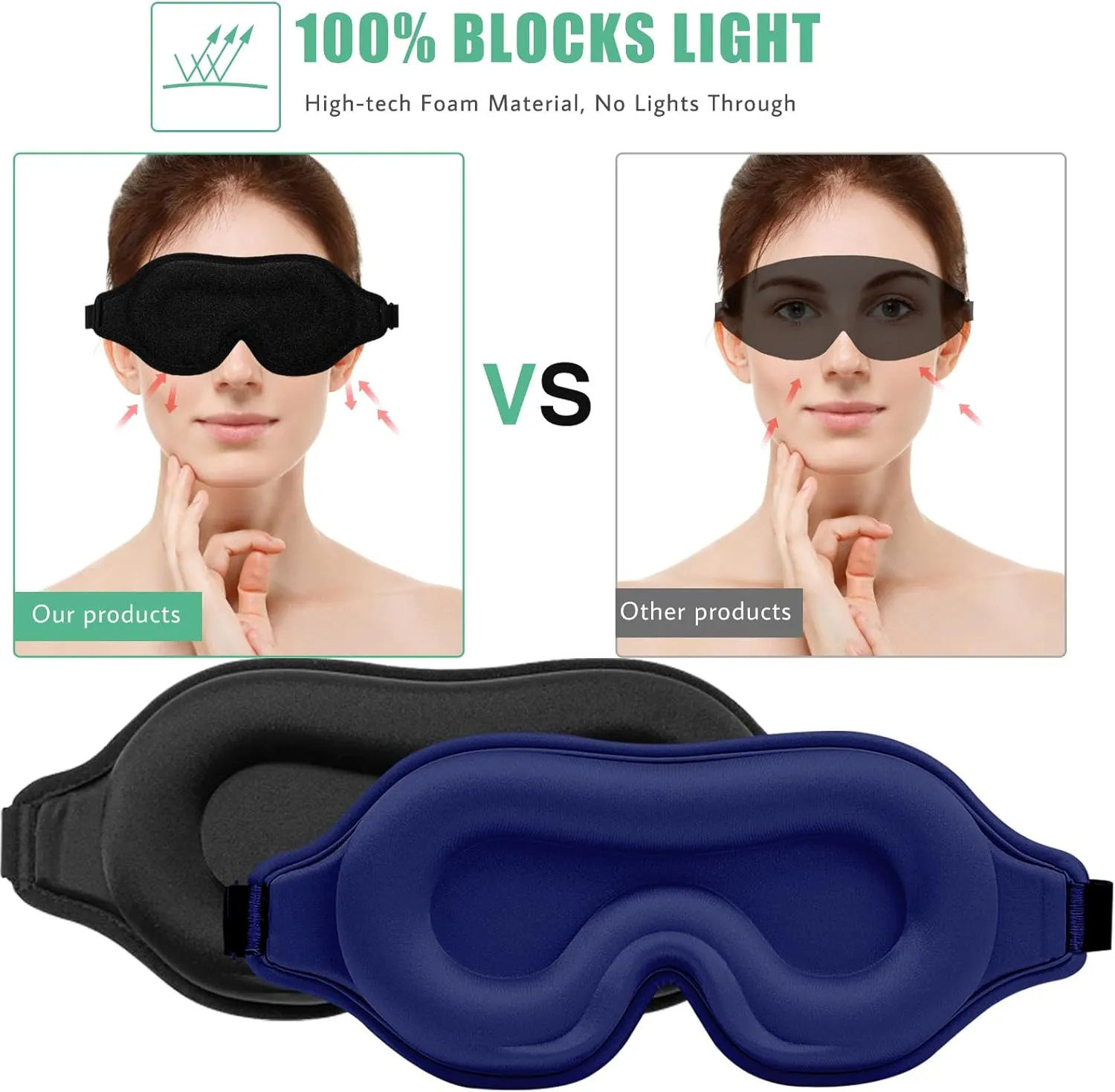 BeeVines Sleep Mask, 2 Pack 3D Contoured Sleeping Eye Masks for Lash Extensions, Night Molded Covers with Adjustable Strap, Eye Shade Cover Lashes Extension for Traveling Yoga Nap(Black & Blue)