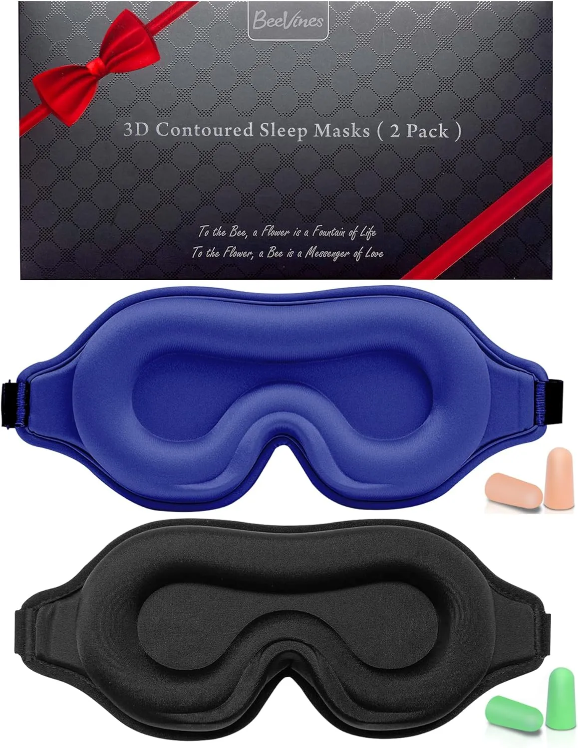 BeeVines Sleep Mask, 2 Pack 3D Contoured Sleeping Eye Masks for Lash Extensions, Night Molded Covers with Adjustable Strap, Eye Shade Cover Lashes Extension for Traveling Yoga Nap(Black & Blue)