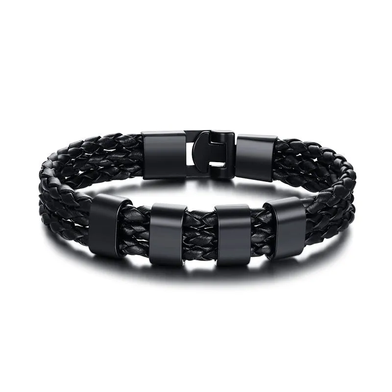 Black Braided Leather Bracelet With Name Personalized Custom Beads Bangle Bracelet
