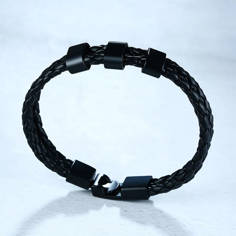 Black Braided Leather Bracelet With Name Personalized Custom Beads Bangle Bracelet