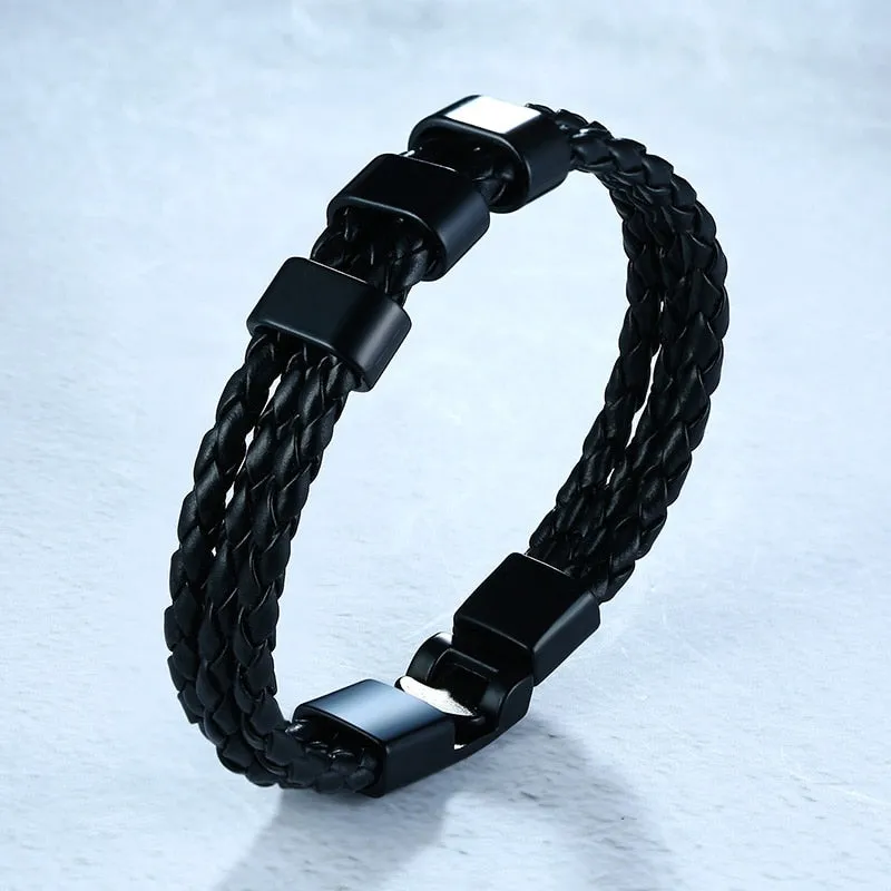 Black Braided Leather Bracelet With Name Personalized Custom Beads Bangle Bracelet