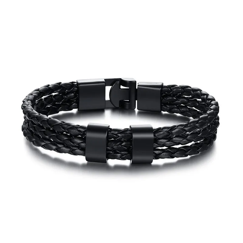 Black Braided Leather Bracelet With Name Personalized Custom Beads Bangle Bracelet