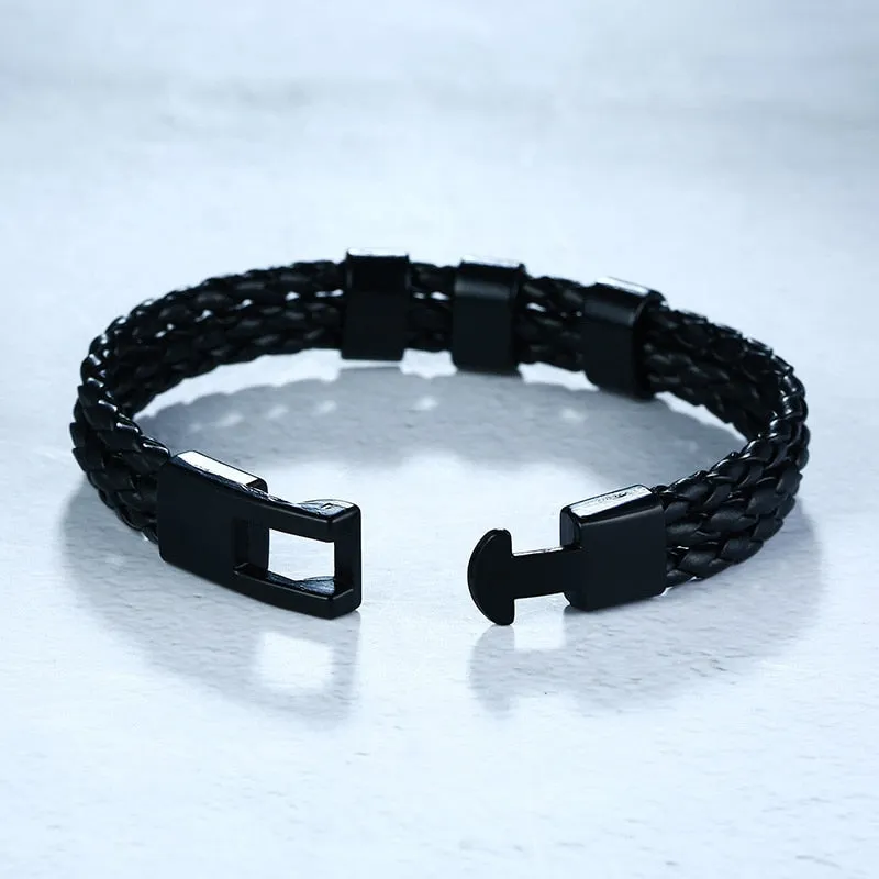 Black Braided Leather Bracelet With Name Personalized Custom Beads Bangle Bracelet