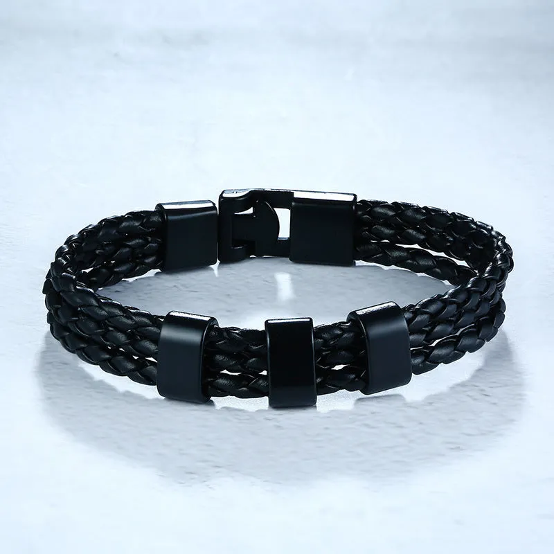 Black Braided Leather Bracelet With Name Personalized Custom Beads Bangle Bracelet