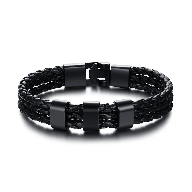 Black Braided Leather Bracelet With Name Personalized Custom Beads Bangle Bracelet