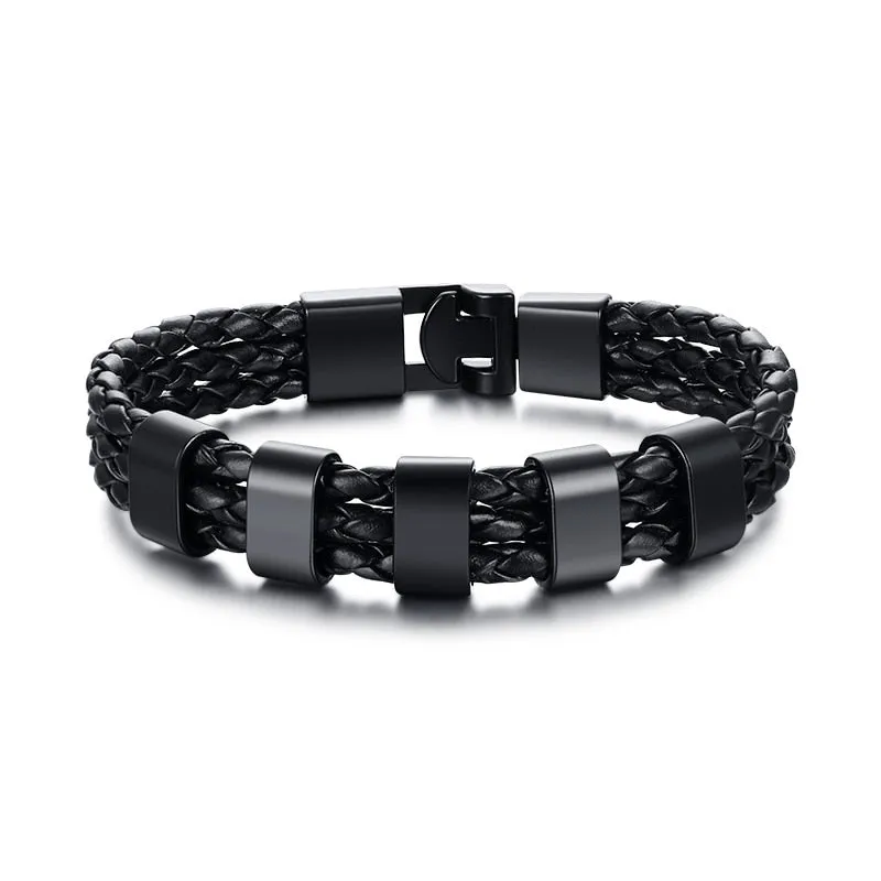 Black Braided Leather Bracelet With Name Personalized Custom Beads Bangle Bracelet