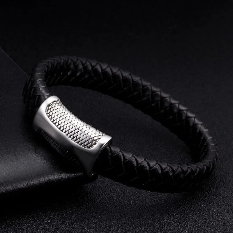 Black Genuine Leather Vintage Braided Charm Cuff Bracelets