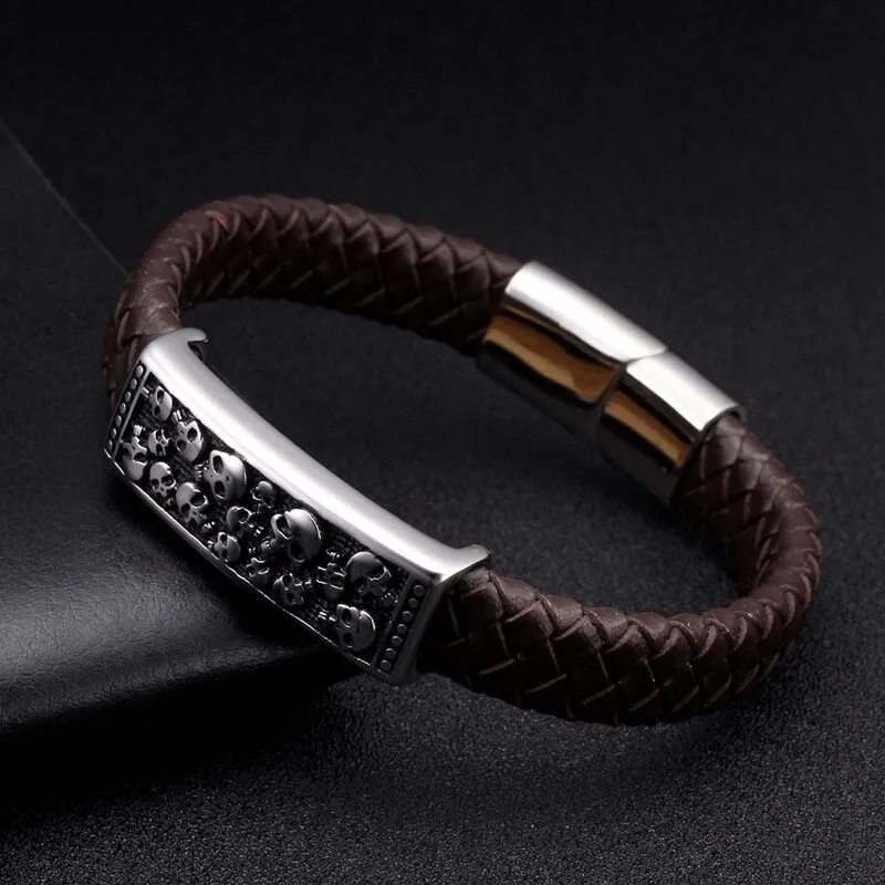 Black Genuine Leather Vintage Braided Charm Cuff Bracelets