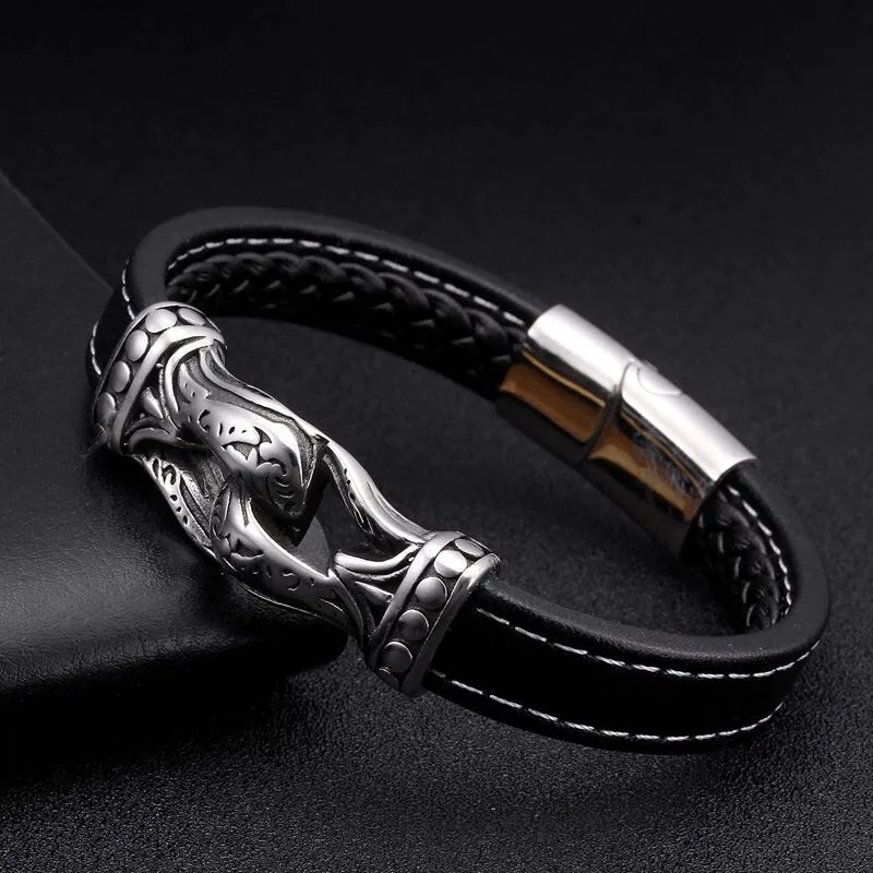 Black Genuine Leather Vintage Braided Charm Cuff Bracelets