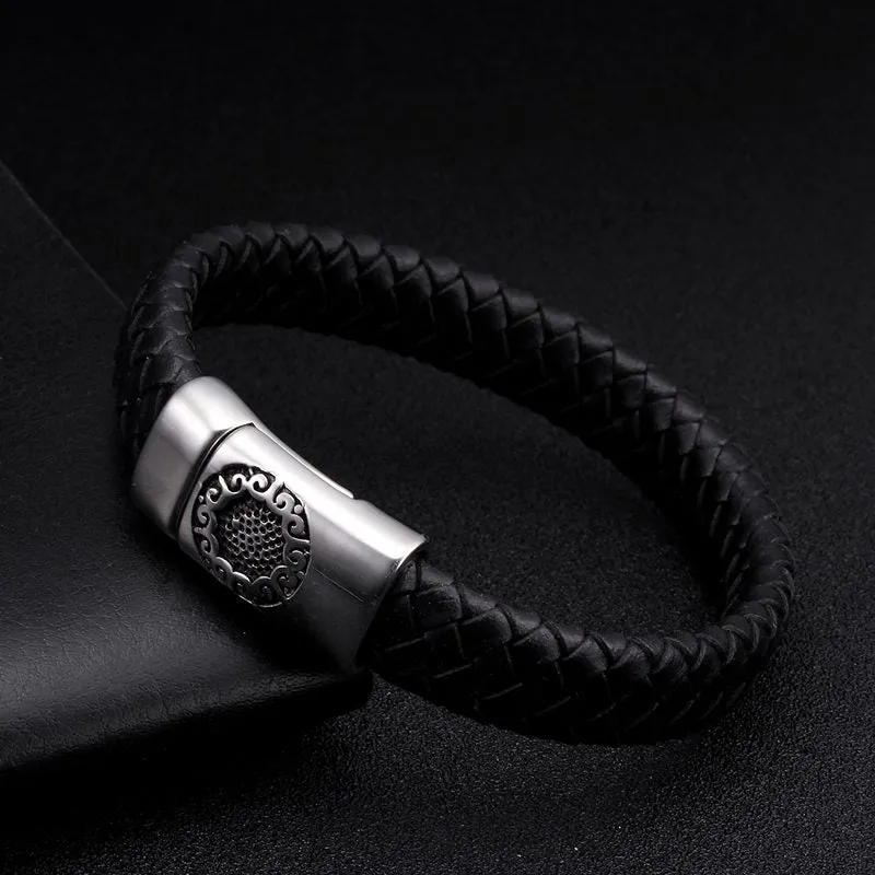 Black Genuine Leather Vintage Braided Charm Cuff Bracelets