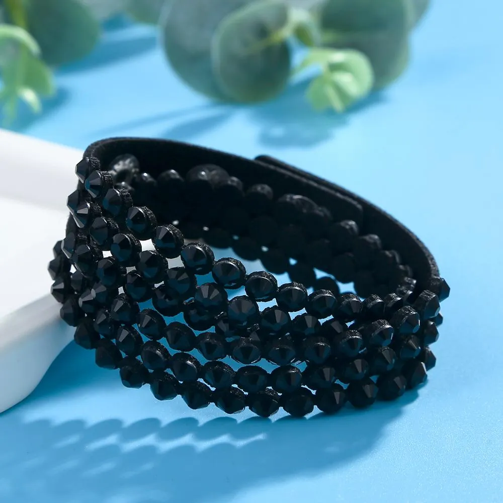 Charm Leather Bracelet Rhinestone Crystal Bracelet Wrap Multilayer Bracelets