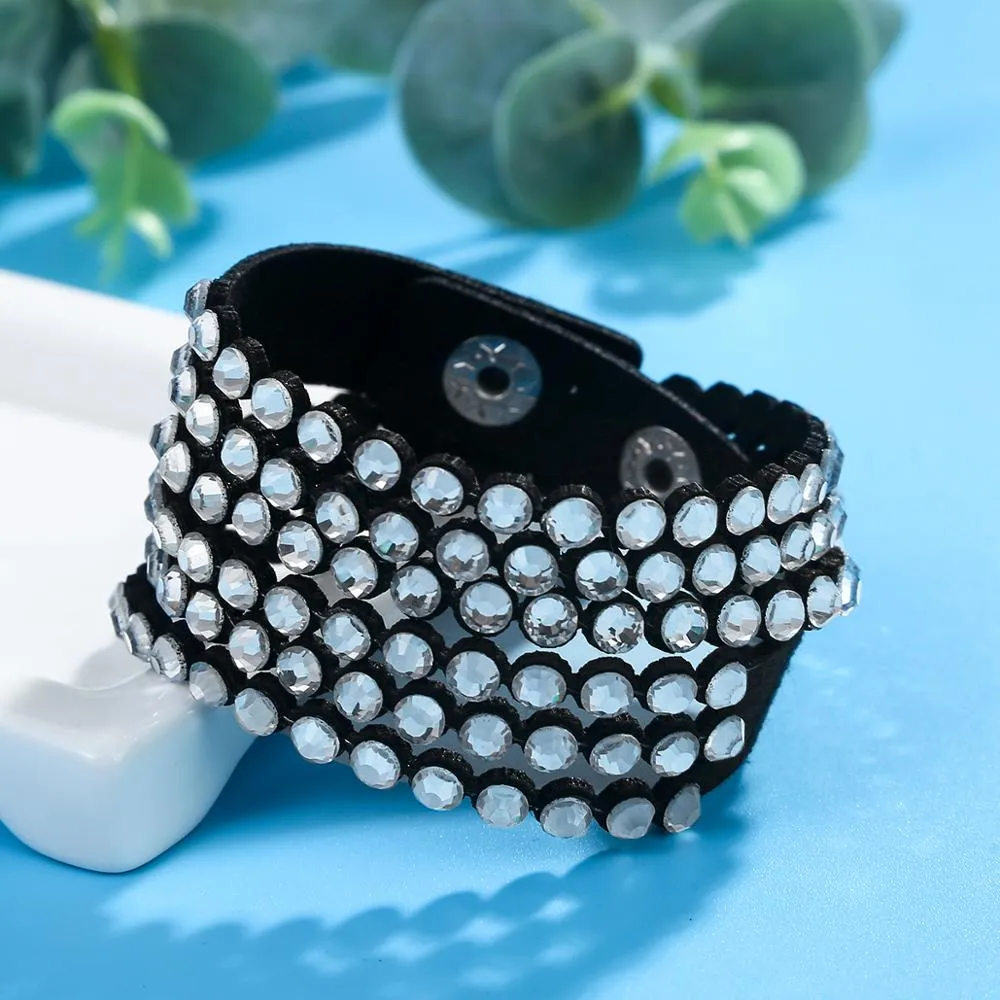Charm Leather Bracelet Rhinestone Crystal Bracelet Wrap Multilayer Bracelets