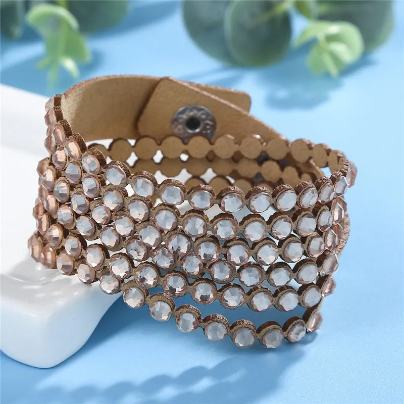 Charm Leather Bracelet Rhinestone Crystal Bracelet Wrap Multilayer Bracelets