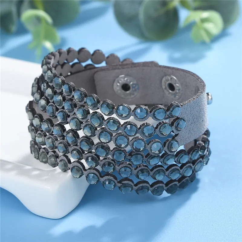 Charm Leather Bracelet Rhinestone Crystal Bracelet Wrap Multilayer Bracelets