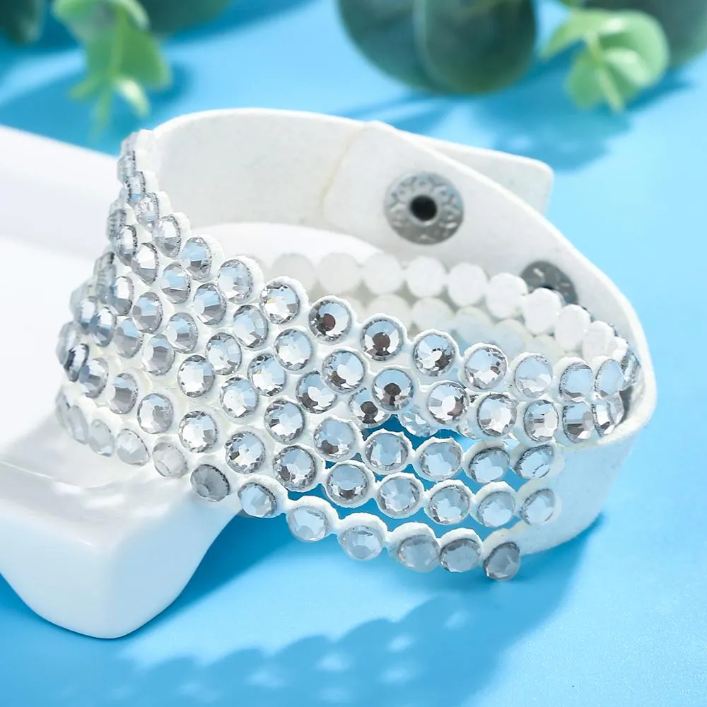 Charm Leather Bracelet Rhinestone Crystal Bracelet Wrap Multilayer Bracelets
