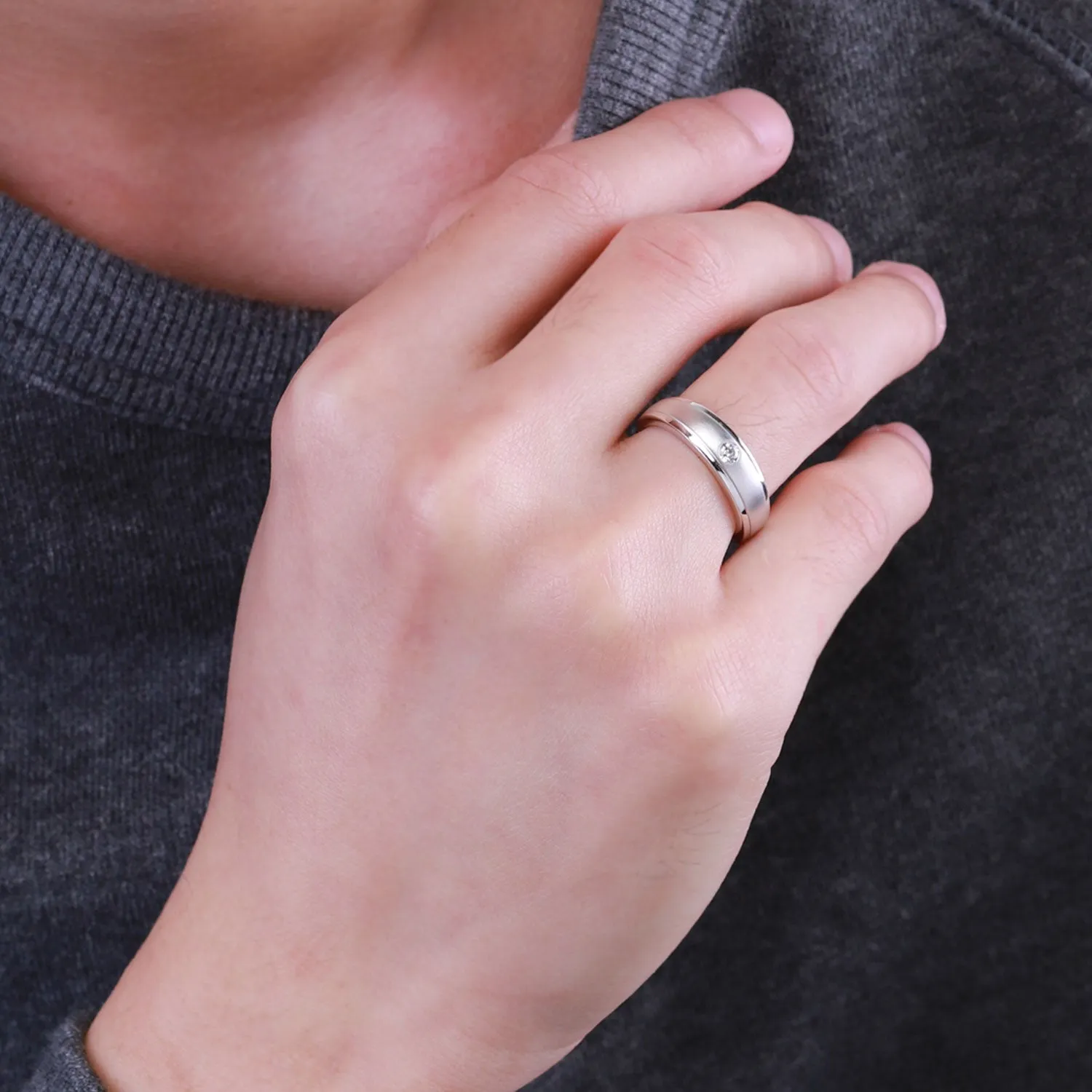Couple Rings: Silver rhodium plated 4.2 mm 100 cuts CZ sandblasted band ring