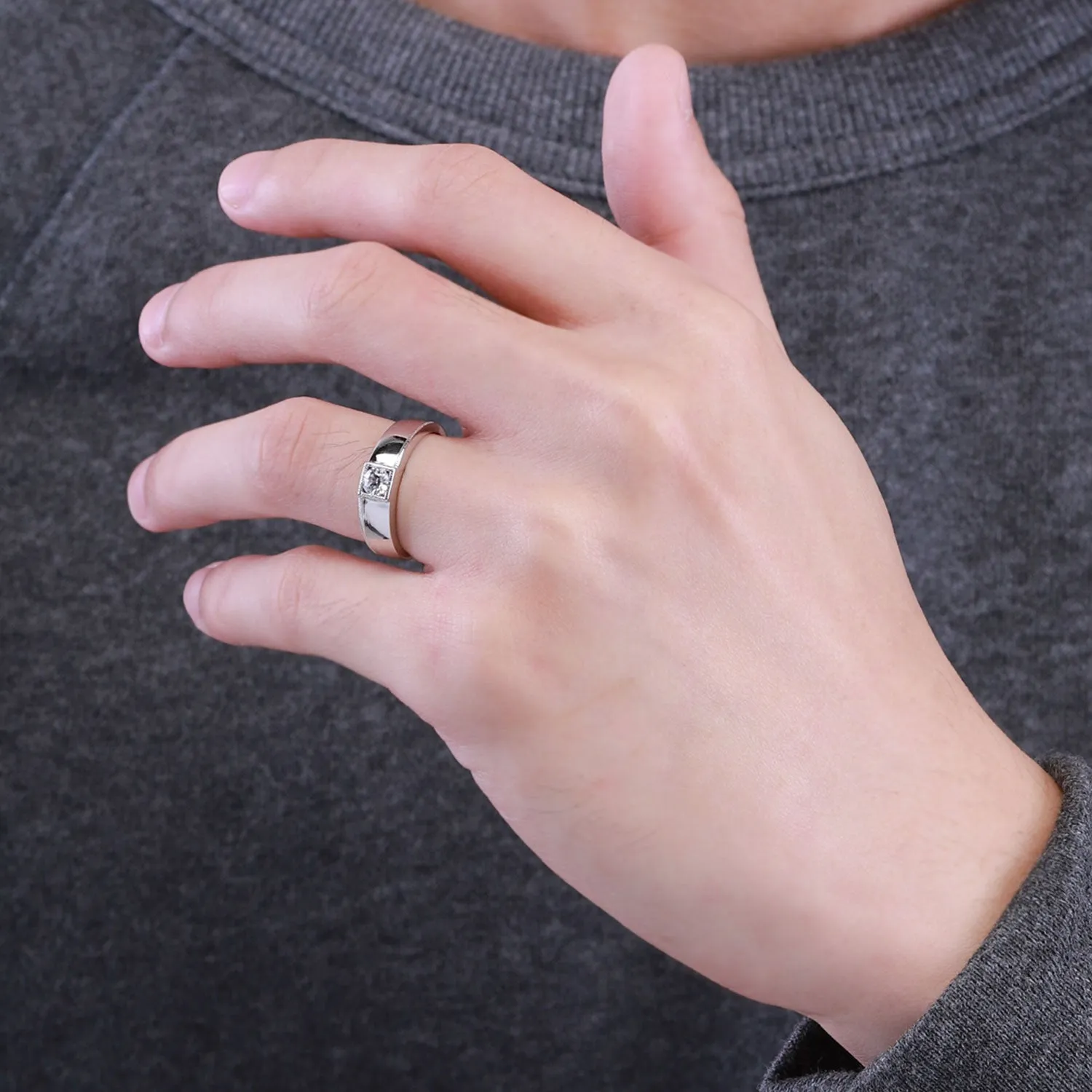 Couple Rings: Silver rhodium plated 6.2 mm 100 cuts CZ embedded band ring