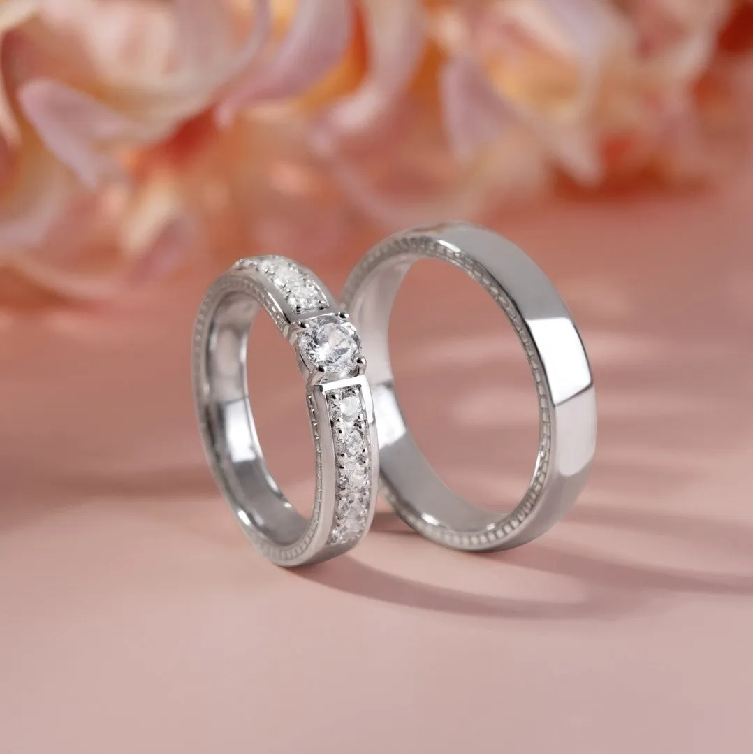 Couple Rings: Silver rhodium plated with 4 mm 100 cuts CZ half eternity band engagement ring