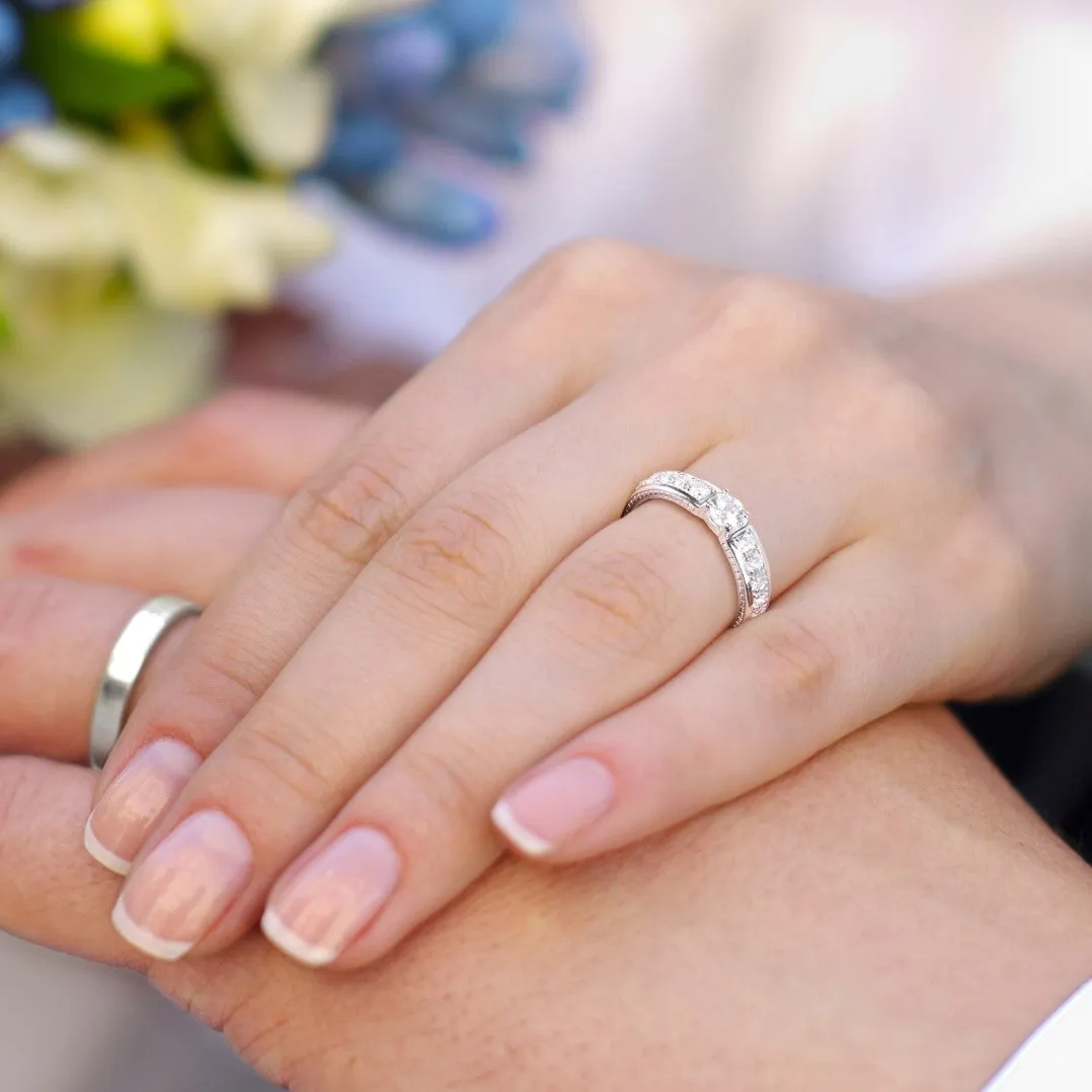 Couple Rings: Silver rhodium plated with 4 mm 100 cuts CZ half eternity band engagement ring