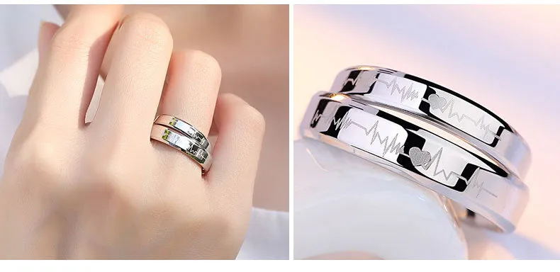Custom Engraved Matching Heartbeat Rings Set for Couple