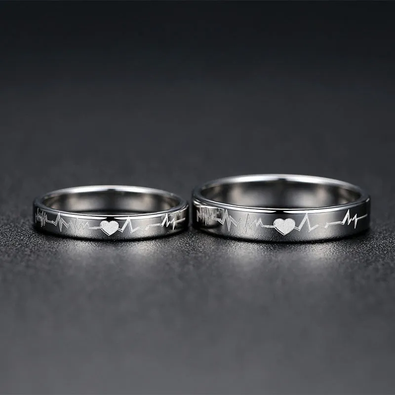 Custom Engraved Matching Heartbeat Rings Set for Couple