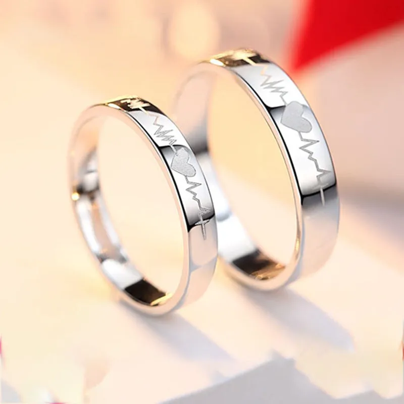 Custom Engraved Matching Heartbeat Rings Set for Couple