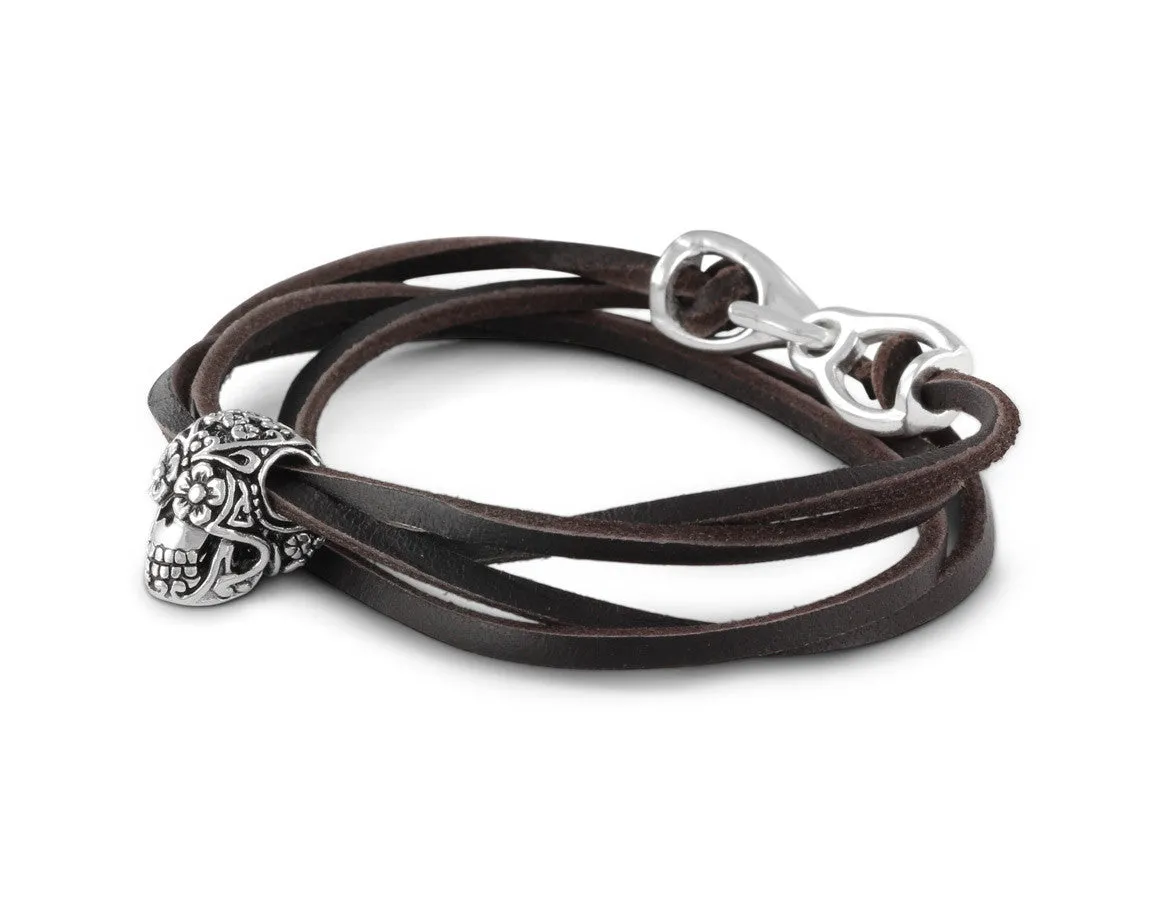 Day of the Dead Leather Bracelet - Silver