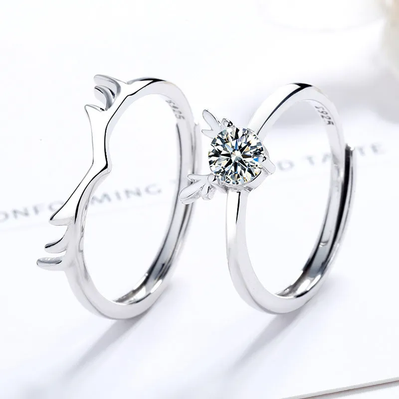 Deer Matching Solitaire Matching Wedding Rings Set