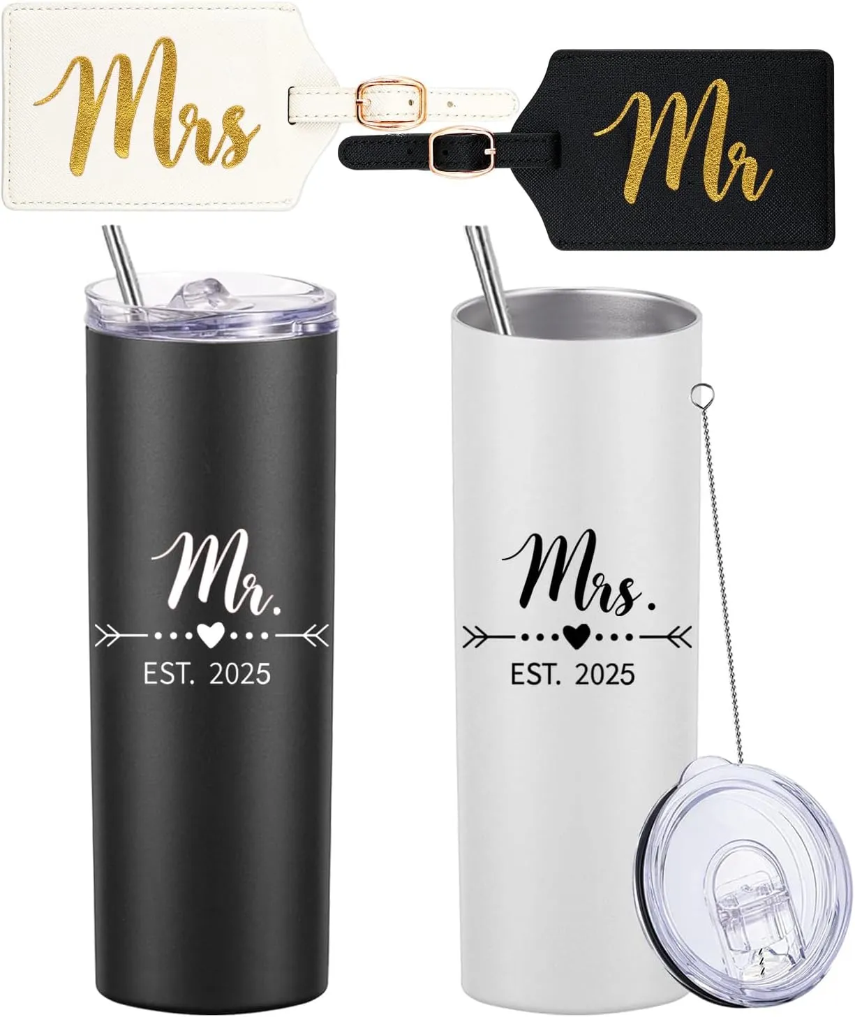 DHQH Personalized Mr and Mrs EST 2025 Gift Stainless Steel Travel Tumbler & Leather Luggage Tag Set - Wedding Gifts for Couples 2025 Perfect Newlywed, Engagement and Bridal Shower Gifts