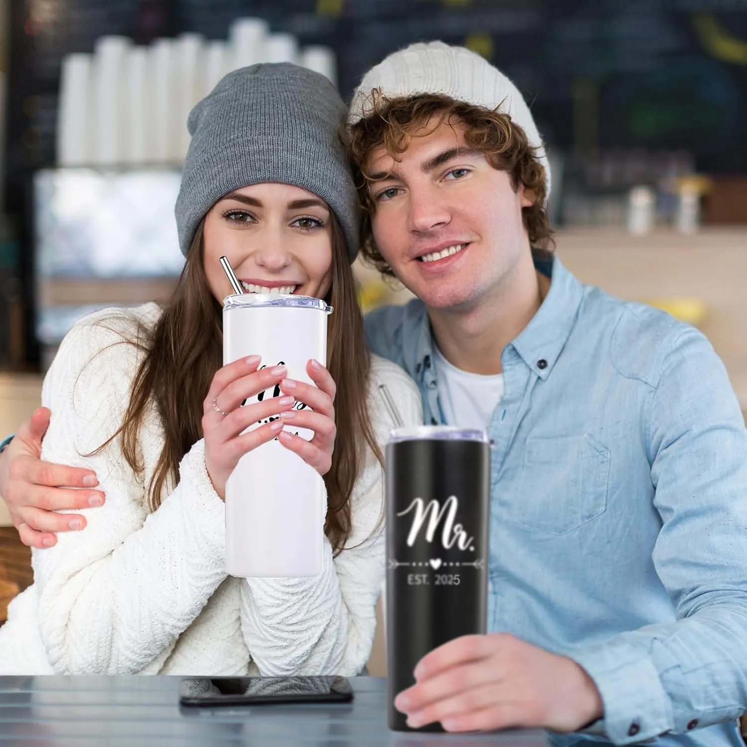 DHQH Personalized Mr and Mrs EST 2025 Gift Stainless Steel Travel Tumbler & Leather Luggage Tag Set - Wedding Gifts for Couples 2025 Perfect Newlywed, Engagement and Bridal Shower Gifts