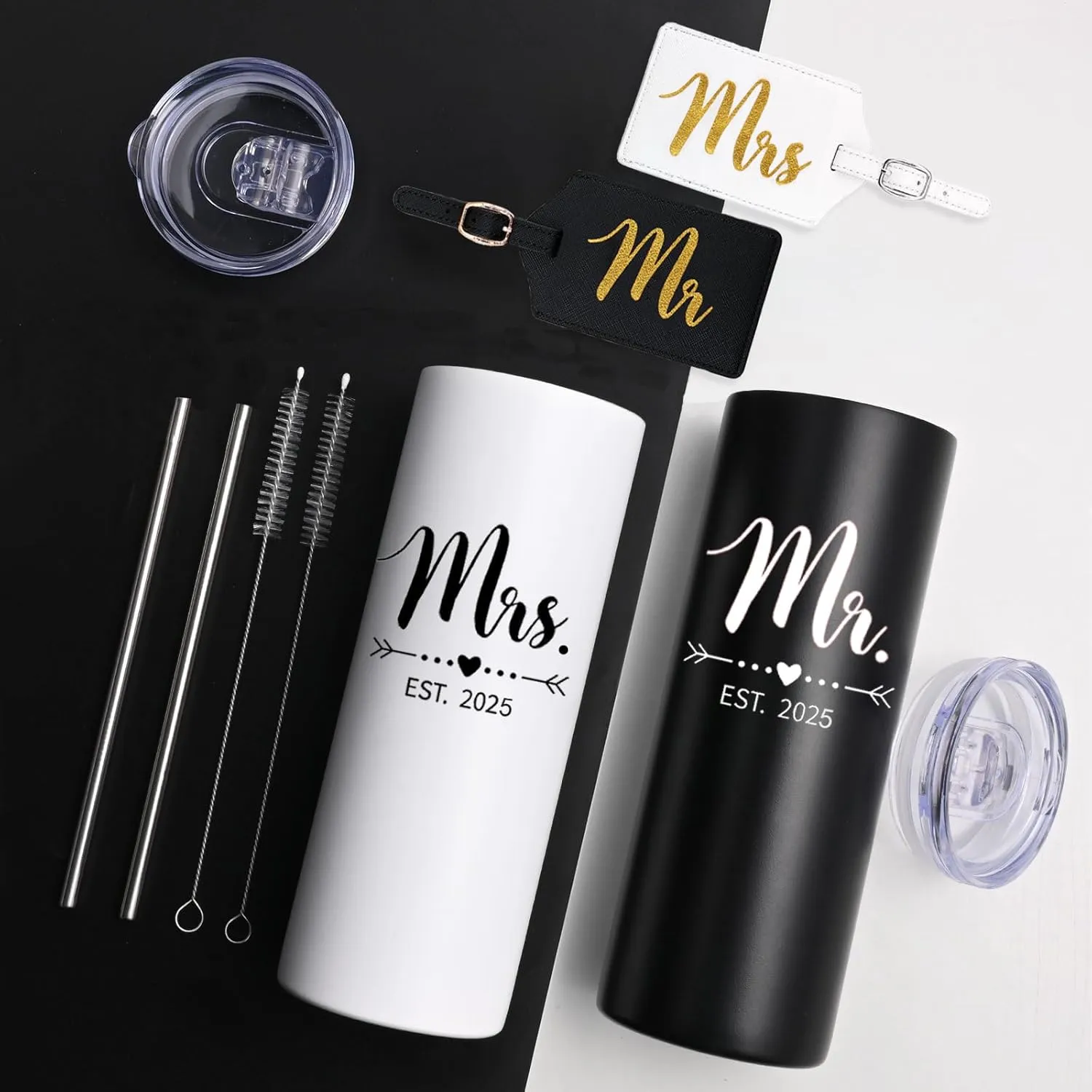 DHQH Personalized Mr and Mrs EST 2025 Gift Stainless Steel Travel Tumbler & Leather Luggage Tag Set - Wedding Gifts for Couples 2025 Perfect Newlywed, Engagement and Bridal Shower Gifts